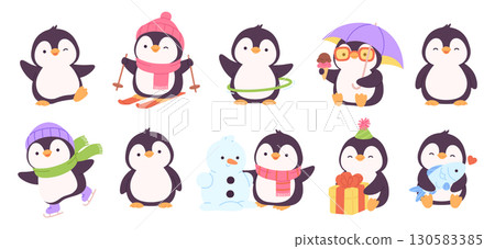 Funny penguins. Tiny cartoon penguin in different poses. Childish mascot, south pole bird skiing, eating ice cream, holding fish, racy vector animal characters 130583385