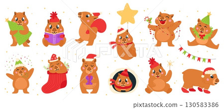Christmas wombat characters. Cute cartoon wombats wear xmas accessories, hats scarves, santa hat. Winter holiday children mascot, classy vector set 130583386