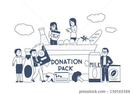 Food drive donation. Volunteers collect products in one donate box. Milk vegetables preserves bread. Charity holiday event recent vector concept Food drive donation. Volunteers collect products in one donate box. Milk vegetables preserves bread. Charity holiday event recent vector concept 130583389