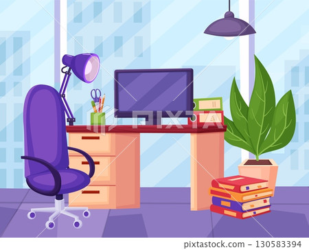 Office workspace. Place for working in corporate. Desk with computer, chair, lamp, books and paper folders. Downtown work interior, vector illustration 130583394