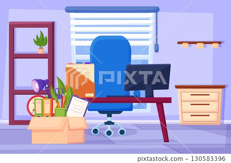 New office. Moving into workspace, office with empty shelves and rack. Interior of the boss's or manager's space. Stationery in box, vector illustration New office. Moving into workspace, office with empty shelves and rack. Interior of the boss's or manager's space. Stationery in box, vector illustration 130583396