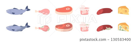 Fresh and spoiled food. Protein meat dairy and fish products with mold. Farm raw fish, steak, yogurt, cheese. Cartoon isolated dairy, vector clipart Fresh and spoiled food. Protein meat dairy and fish products with mold. Farm raw fish, steak, yogurt, cheese. Cartoon isolated dairy, vector clipart 130583400