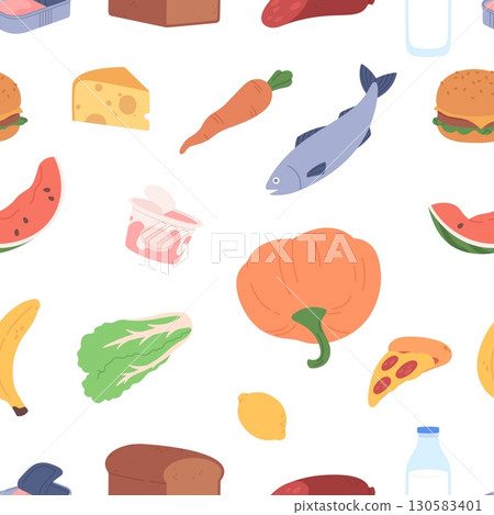 Food seamless pattern. Canning preserves, dairy, meat, vegetables and fruits. Healthy nutrition, harvest products. Pumpkin, milk, fish, vector background 130583401