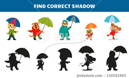 Children educational game with autumn animals with umbrellas. Cute dog monkey frog dog and sloth walking under rain. Find correct shadow vector template 130583405