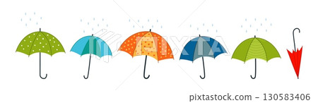 Cartoon isolated umbrellas. Different umbrella with decorations, polka dots and stripes. Rainy weather accessories, autumn spring seasons vector elements Cartoon isolated umbrellas. Different umbrella with decorations, polka dots and stripes. Rainy weather accessories, autumn spring seasons vector elements 130583406