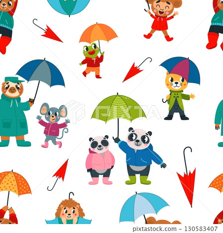 Animals with umbrellas. Cartoon animal holding umbrella, autumn seasonal seamless pattern. Cute frog mouse sloth panda characters, vector background 130583407