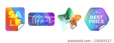 Holographic sale stickers. Realistic holo stickers, shop sales discount neon emblem special offer best price y2k iridescent sticker store gradient badges mockup vector illustration Holographic sale stickers. Realistic holo stickers, shop sales discount neon emblem special offer best price y2k iridescent sticker store gradient badges mockup vector illustration 130583527