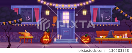 Halloween house entrance. Haunted home halloween decoration door porch for trick or treating kids, pumpkins ghosts in windows garland light cartoon background vector illustration Halloween house entrance. Haunted home halloween decoration door porch for trick or treating kids, pumpkins ghosts in windows garland light cartoon background vector illustration 130583528