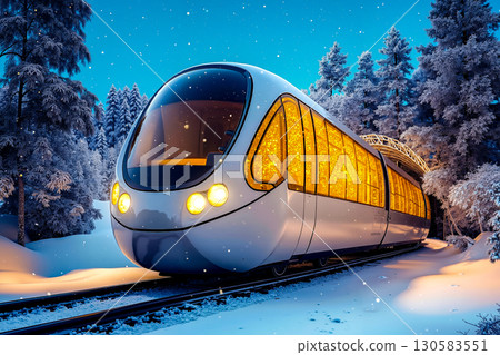 A futuristic train traveling through a snowy forest at night 130583551