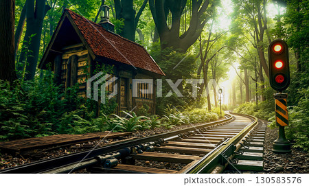 A train track in the middle of a forest next to a train station A train track in the middle of a forest next to a train station 130583576
