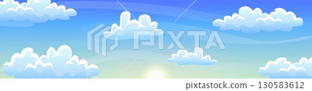 Cartoon sky background. Clouds heavens anime panoramic landscape, 2d video game scenery blue cloudy sky vector illustration Cartoon sky background. Clouds heavens anime panoramic landscape, 2d video game scenery blue cloudy sky vector illustration 130583612