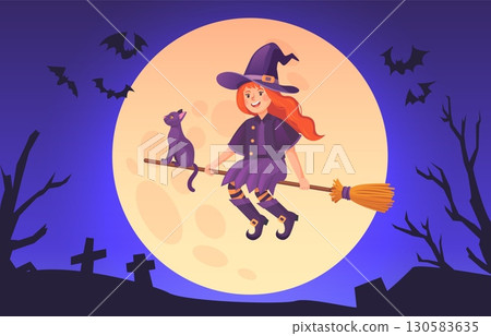 Cartoon little witch. Redhead girl flying on broom at big moon, cemetery bat silhouette halloween background female kid cute character broomstick in night sky vector illustration Cartoon little witch. Redhead girl flying on broom at big moon, cemetery bat silhouette halloween background female kid cute character broomstick in night sky vector illustration 130583635