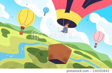 Air balloon landscape. Hot airballoon flying in blue sky with clouds on summer nature background, aerostat with basket airship cappadocia tour travel concept vector illustration 130583641