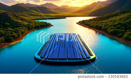 A floating solar power plant in the middle of a lake 130583683