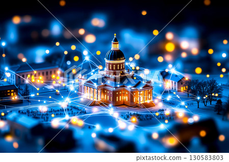 A model of a building with a dome on top of it surrounded by lights A model of a building with a dome on top of it surrounded by lights 130583803
