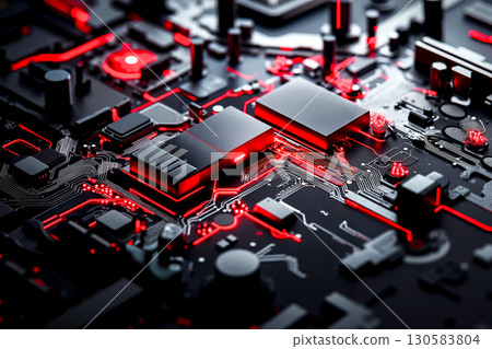 A close up of a computer motherboard with red lights A close up of a computer motherboard with red lights 130583804