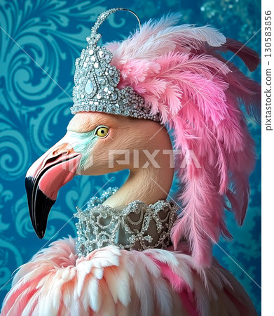 A pink flamingo wearing a tia with feathers on its head A pink flamingo wearing a tia with feathers on its head 130583856