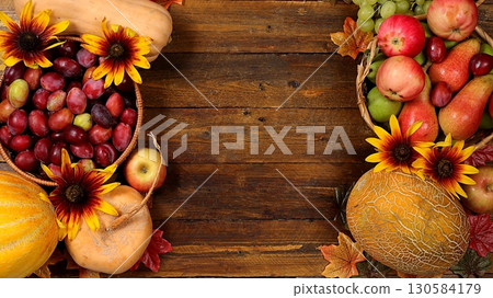 Autumn still life with apples, rowan berries, pumpkins, sunflower flowers on an old wooden table, background, Thanksgiving concept, rustic harvest, healthy natural food concept, Autumn still life with apples, rowan berries, pumpkins, sunflower flowers on an old wooden table, background, Thanksgiving concept, rustic harvest, healthy natural food concept, 130584179