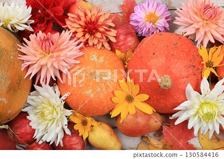 Happy Thanksgiving concept, postcard Autumn background with seasonal pears, pumpkins, apples and flowers on wooden background,selective focus. Harvesting, Happy Thanksgiving concept, postcard Autumn background with seasonal pears, pumpkins, apples and flowers on wooden background,selective focus. Harvesting, 130584416
