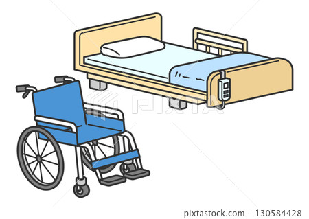 Set illustration of a nursing bed and wheelchair 130584428