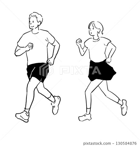 Hand-drawn illustration of a man and woman running a marathon (transparent PNG) 130584876