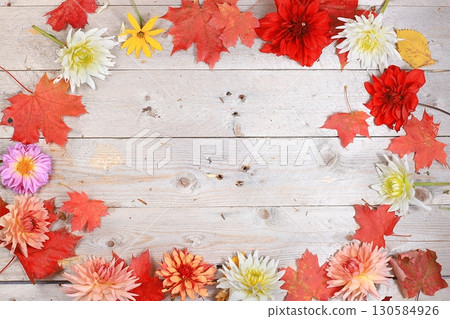 Autumn composition with seasonal leaves, pumpkins, apples on a pastel background, Minimal Happy Thanksgiving concept, postcard, selective focus., Flat lay, place for text 130584926