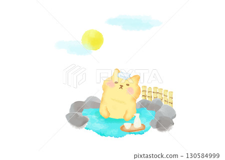 Moon viewing: A cute cat relaxing in a hot spring. Watercolor illustration 130584999