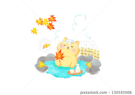 Autumn: Cute cat relaxing in a hot spring. Watercolor illustration. 130585006