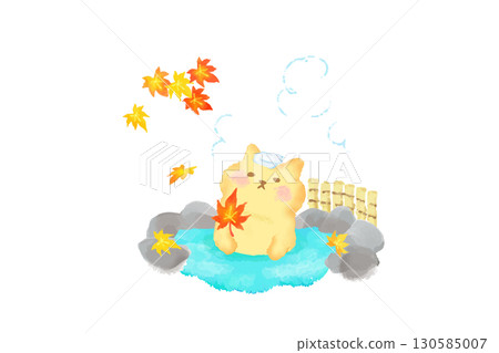 秋天:一隻可愛的貓在溫泉裡休息。水彩插圖 秋天:一隻可愛的貓在溫泉裡休息。水彩插圖 130585007