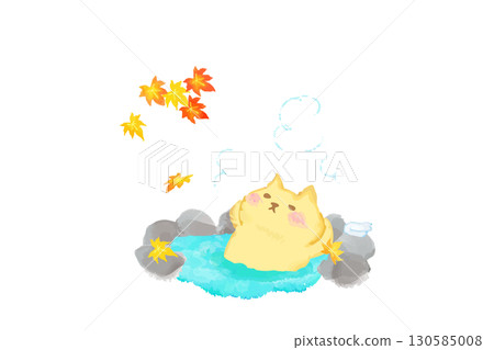 秋天:一隻可愛的貓在溫泉裡休息。水彩插圖 秋天:一隻可愛的貓在溫泉裡休息。水彩插圖 130585008