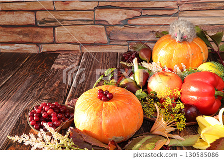 Autumn background with seasonal autumn nature berries, pumpkins, apples and flowers on a wooden background, copy space, flat lay. Happy Thanksgiving concept, selective focus. Autumn background with seasonal autumn nature berries, pumpkins, apples and flowers on a wooden background, copy space, flat lay. Happy Thanksgiving concept, selective focus. 130585086