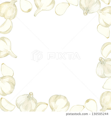 大蒜框-蔬菜和調味品的手繪水彩插圖背景 130585244