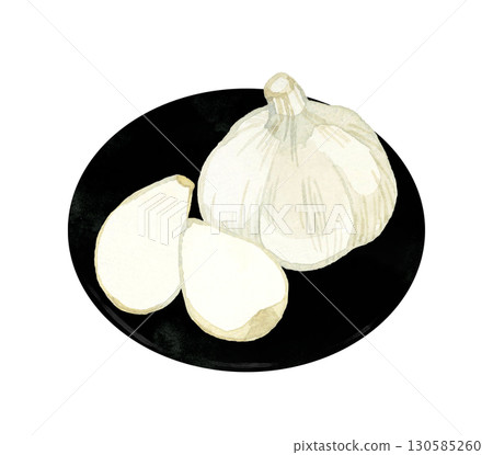 Garlic on a black plate. Hand-drawn watercolor illustration of vegetables and condiments. 130585260