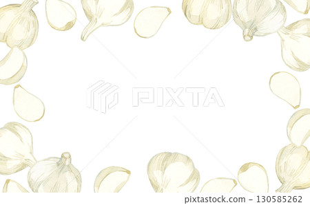 Garlic frame - Hand-drawn watercolor illustration background of vegetables and condiments 130585262