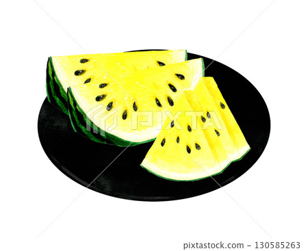 盤子裡放著切好的黃肉西瓜。手繪水彩畫,描繪夏季水果。 盤子裡放著切好的黃肉西瓜。手繪水彩畫,描繪夏季水果。 130585263