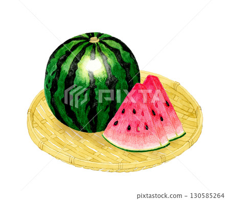 竹籃裡的西瓜－夏日水果的手繪水彩插圖 130585264
