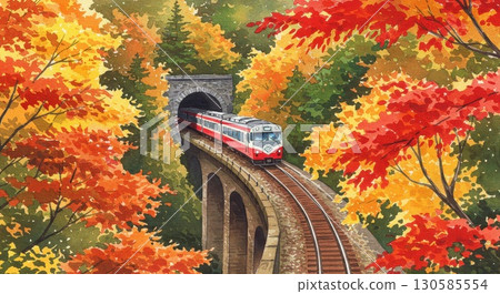 Watercolor illustration of autumn forest and railroad with autumn leaves 130585554