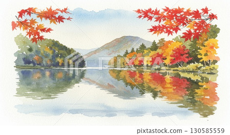 Watercolor illustration of autumn leaves in the forest and lakeside 130585559