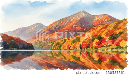 Watercolor illustration of autumn leaves in the forest and lakeside 130585561