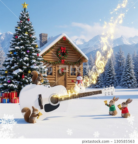 A fantasy image of animals celebrating Christmas around a large guitar in a snowy landscape. Forest Music Band 130585563