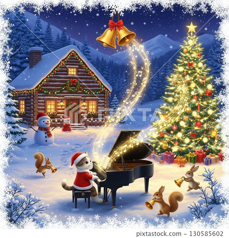 A Christmas fantasy image of a cat dressed in a Santa costume playing the piano and animals celebrating. Forest Music Band 130585602