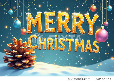 Merry Christmas in gold letters with ornaments and pinecone. 130585863