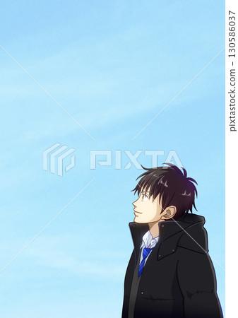 Anime-style illustration of a high school or junior high school boy looking up at the sky on a clear winter day, with space on the left 130586037