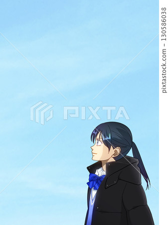 Anime-style illustration of a high school or junior high school girl looking up at the sky on a clear winter day, with space on the left 130586038