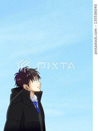 動漫風格的插圖，描繪了一個高中或初中男孩在晴朗的冬日仰望天空，右側有空白 130586040