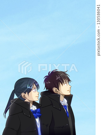 一幅動漫風格的插圖,描繪了晴朗的冬日里,高中或初中男生和女生仰望天空的場景 一幅動漫風格的插圖,描繪了晴朗的冬日里,高中或初中男生和女生仰望天空的場景 130586041