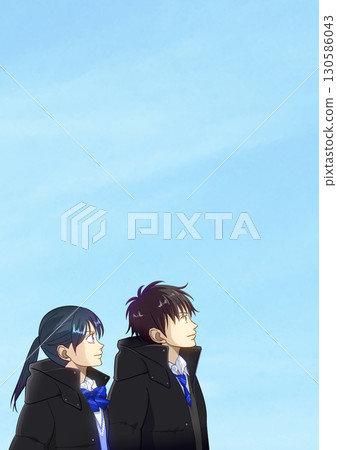 一幅動漫風格的插圖，描繪了晴朗的冬日里，高中或初中男生和女生仰望天空的場景 130586043