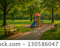 Park with playground equipment and benches 0029 130586047