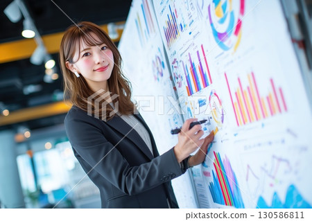 A confident Japanese businesswoman talks about the future during a presentation 130586811