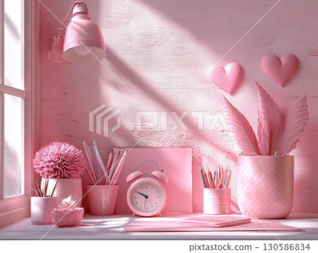 Charming pink workspace with decorative elements including flowers, clock, 130586834